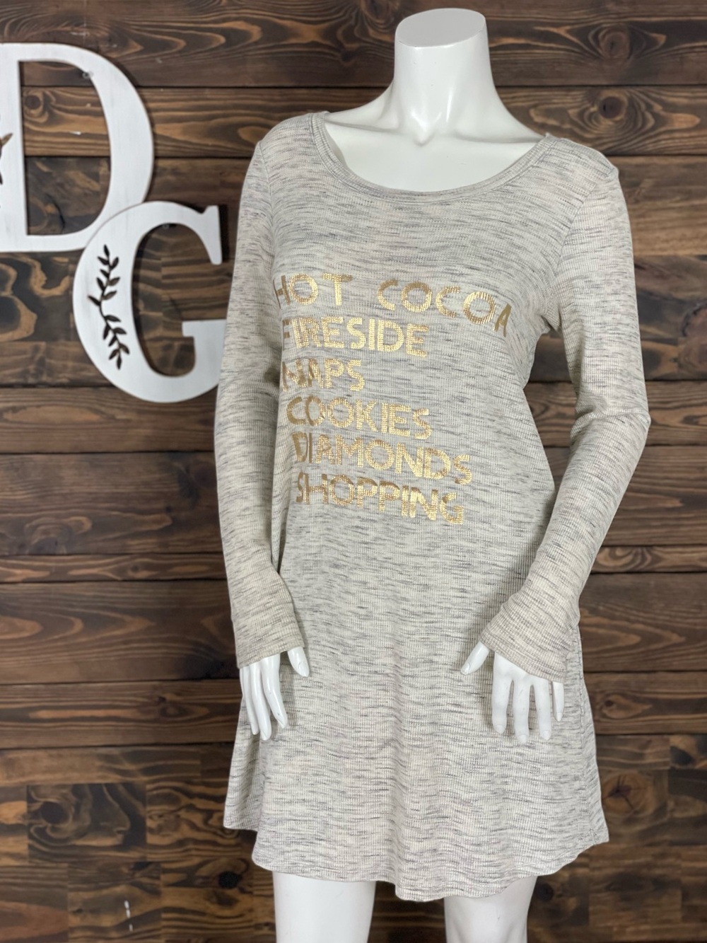 aerie Thermal Loungewear Shift Dress Cream Heather‎ Grey Waffle Knit Long Sleeve